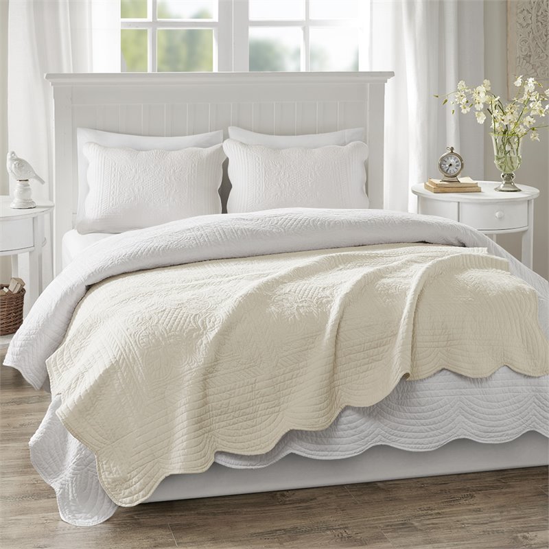 Madison Park Fabric Oversized Quilted Throw with Scalloped Edges in Cream