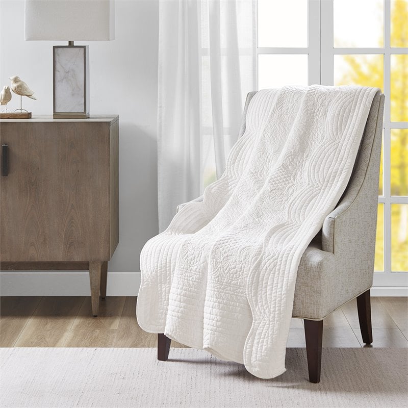 Madison Park Fabric Oversized Quilted Throw with Scalloped Edges in White
