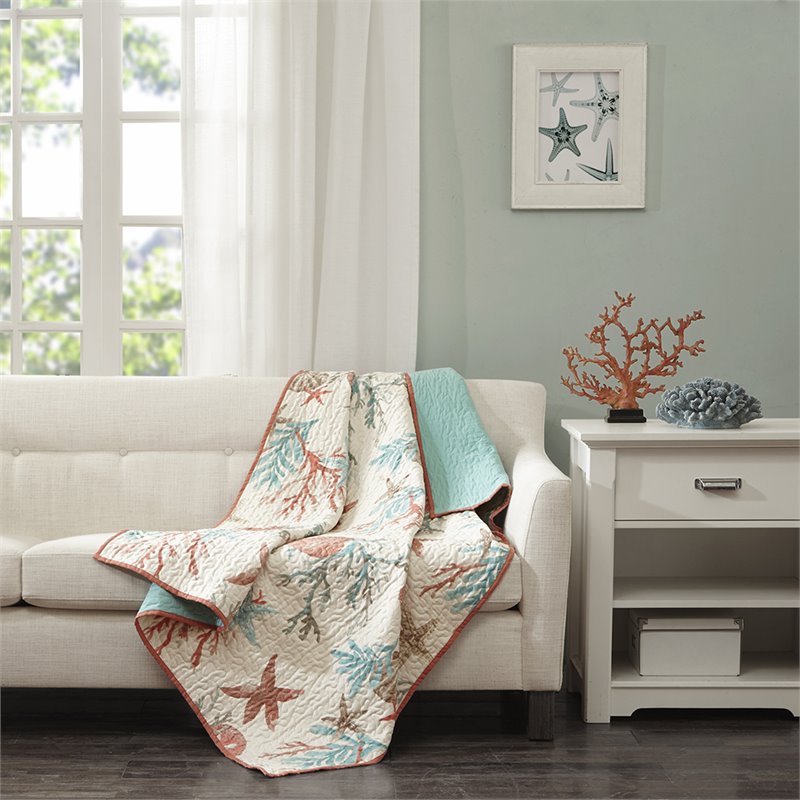Madison Park Coastal Printed Fabric Oversized Quilted Throw in Green