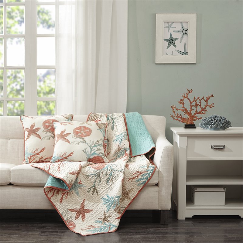 Madison Park Coastal Printed Fabric Oversized Quilted Throw in Green