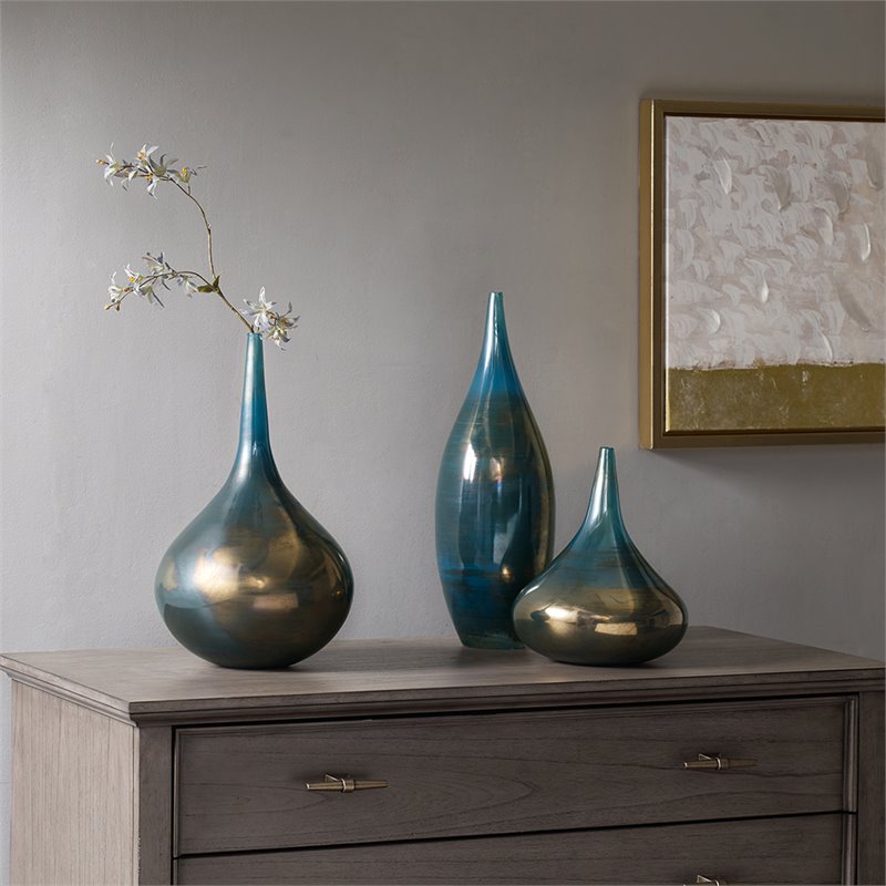 Madison Park Signature 3-Piece Transitional Glass Vase Set in Blue/Bronze