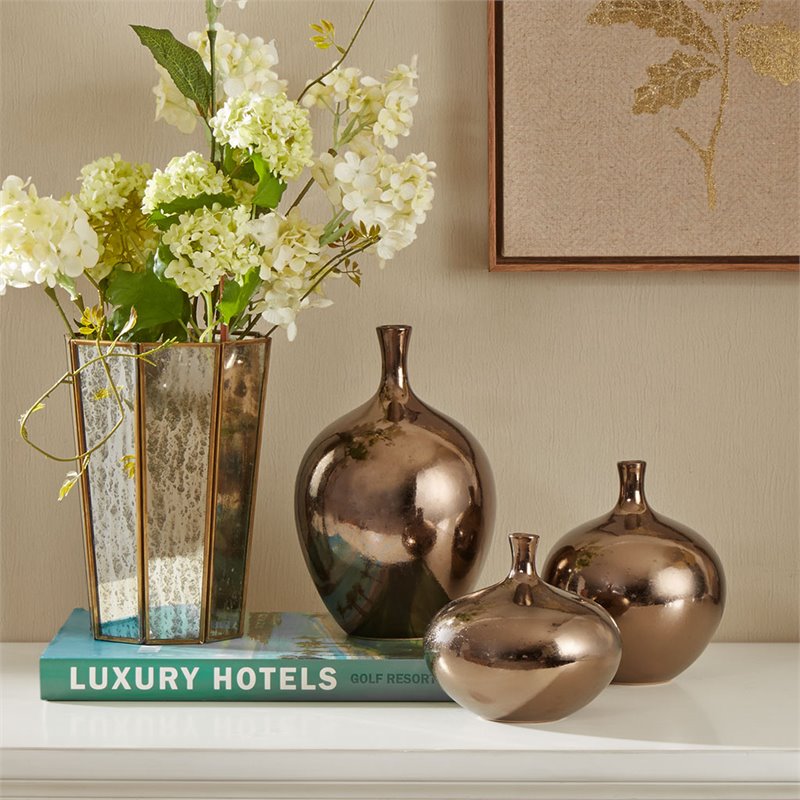 Madison Park Signature 3-Piece Transitional Ceramic Vase Set in Bronze