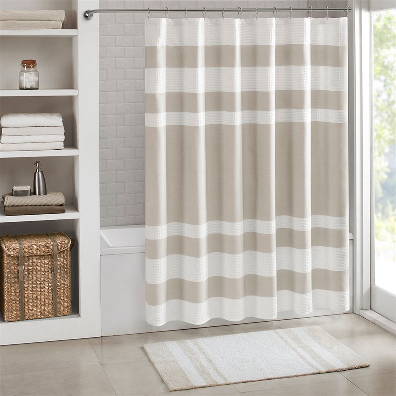 Madison Park Traditional Polyester Fabric Spa Waffle Shower Curtain in Brown
