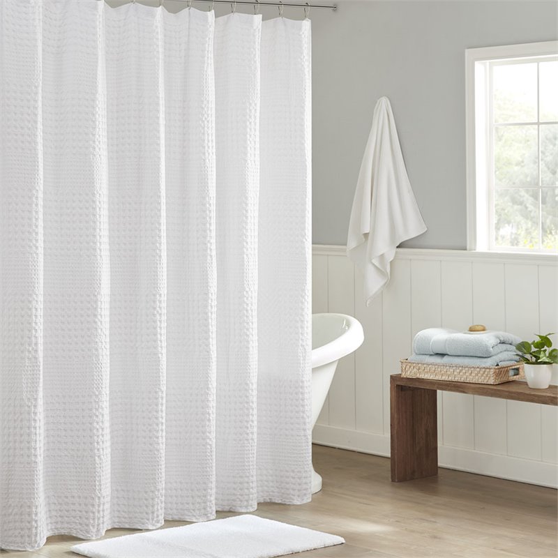 Madison Park Cotton Arlo Super Waffle Textured Solid Shower Curtain in White