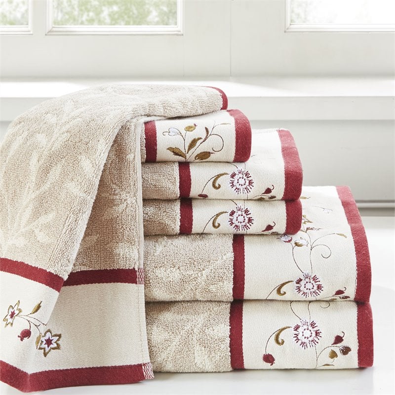 Madison Park 6-Piece Traditional Cotton Jacquard Towel Set w/ Embroidery in Red