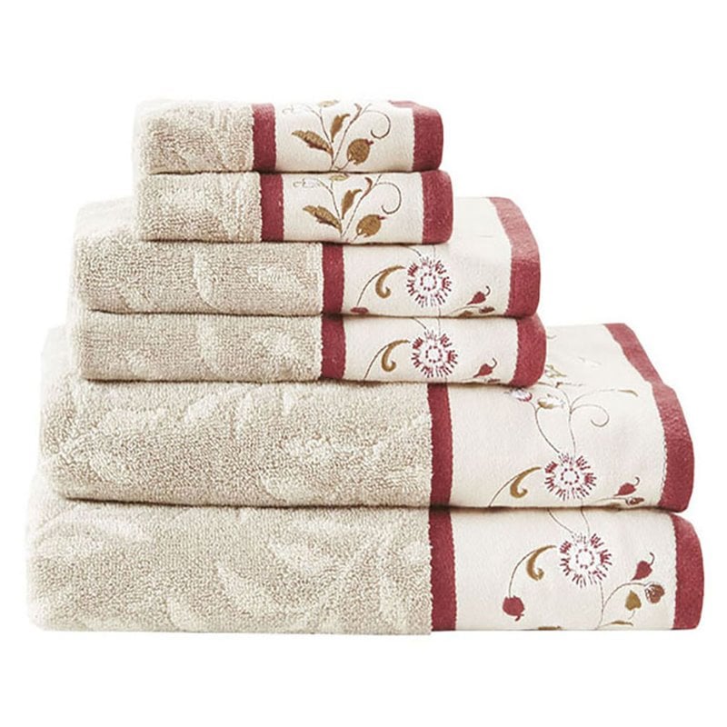 Madison Park 6-Piece Traditional Cotton Jacquard Towel Set w/ Embroidery in Red