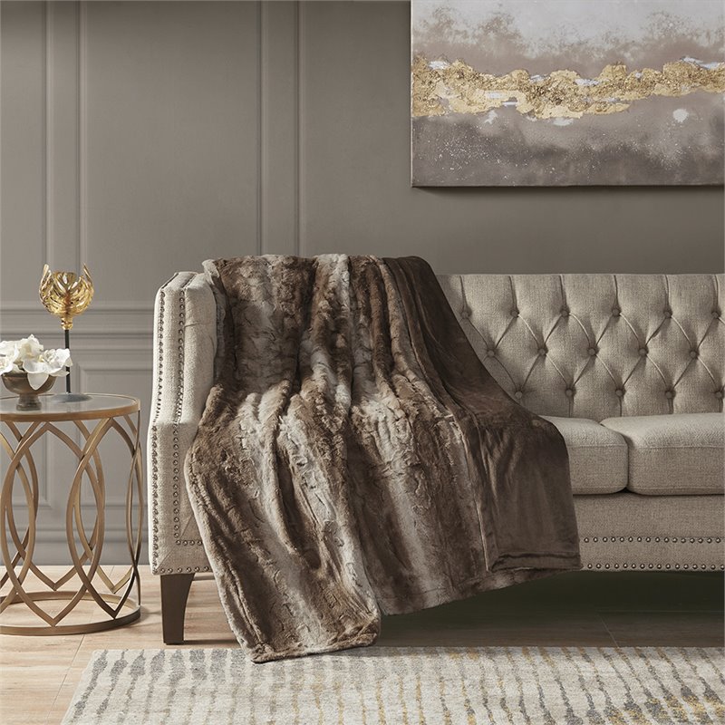 Madison Park Modern Faux Tip Dyed Brushed Long Fur Throw in Brown