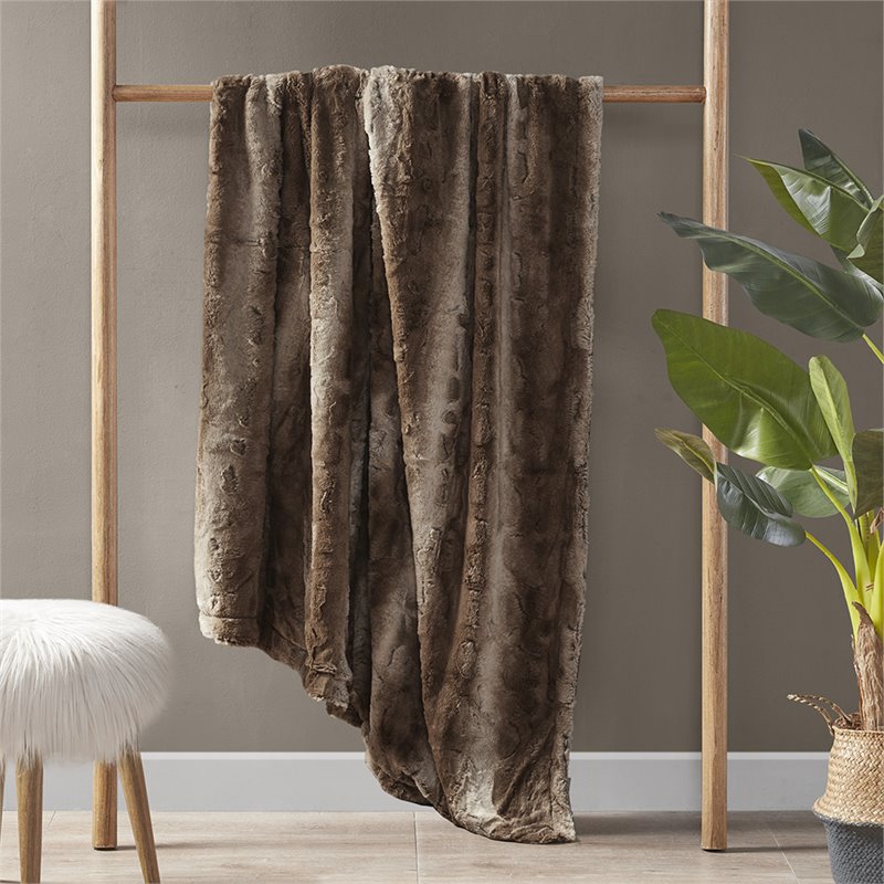 Madison Park Modern Faux Tip Dyed Brushed Long Fur Throw in Brown
