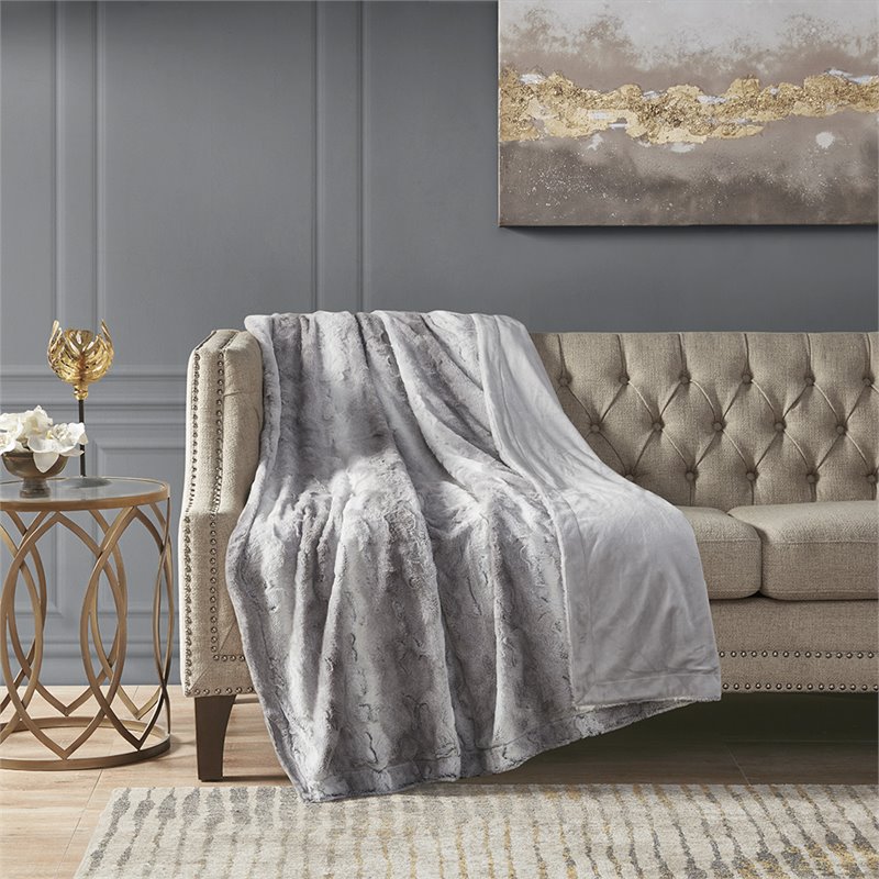 Madison Park Modern Faux Tip Dyed Brushed Long Fur Throw in Gray