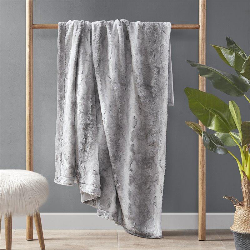 Madison Park Modern Faux Tip Dyed Brushed Long Fur Throw in Gray