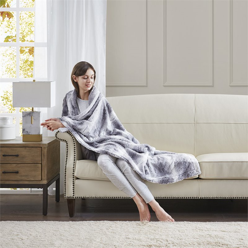 Madison Park Modern Faux Tip Dyed Brushed Long Fur Throw in Gray