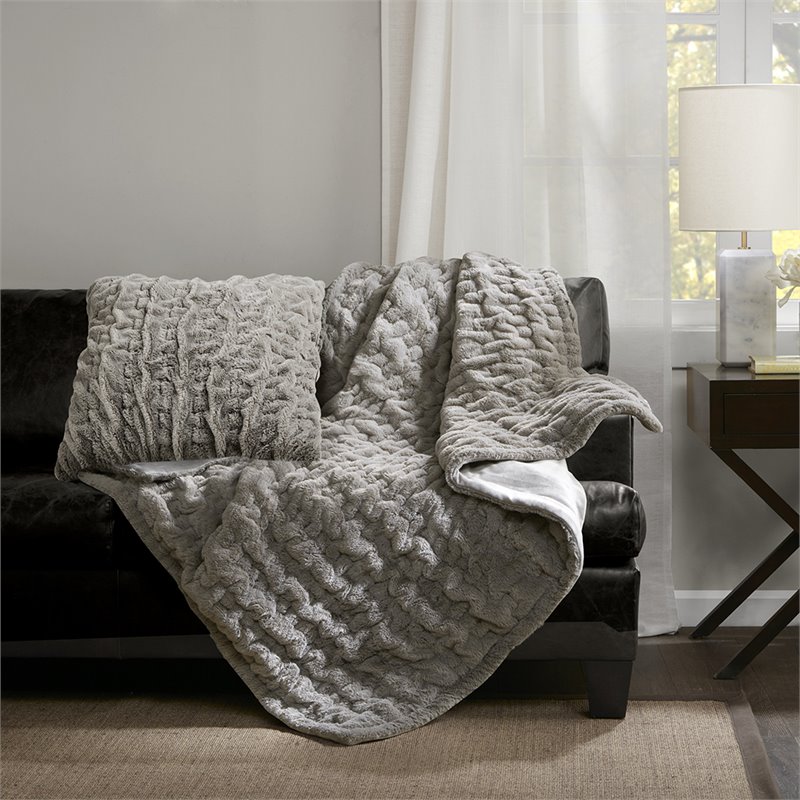 Madison Park Modern Solid Brushed Long Fur Knitted Throw in Gray