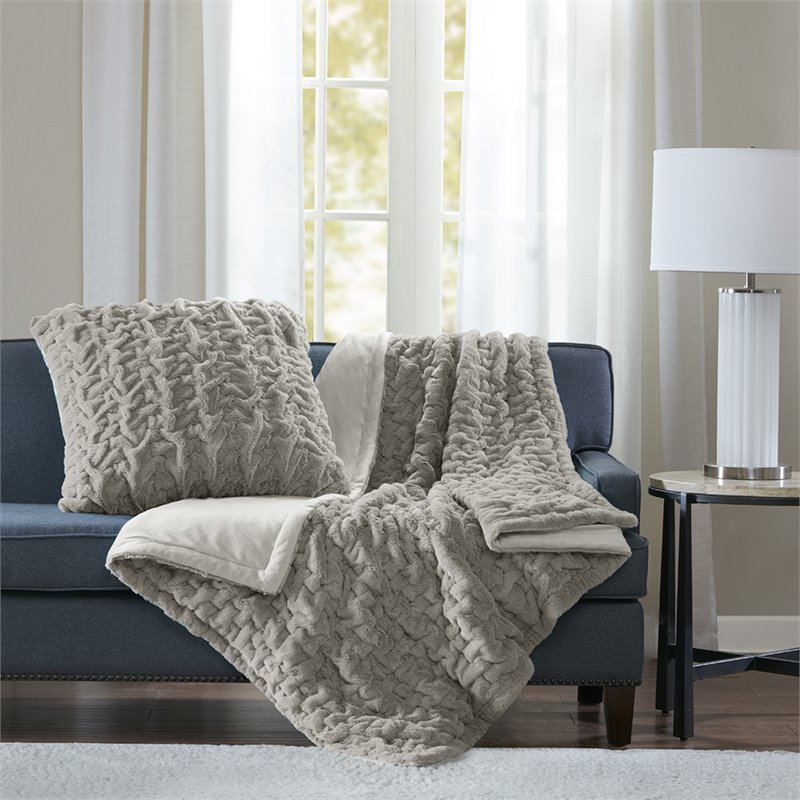 Madison Park Modern Solid Brushed Long Fur Knitted Throw in Gray