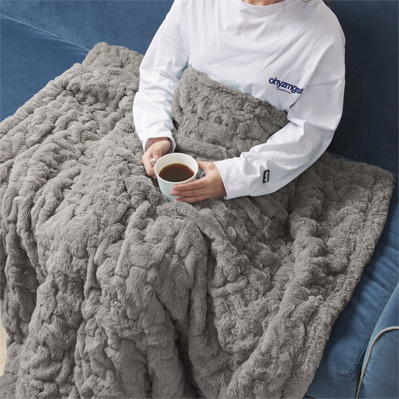 Madison Park Modern Solid Brushed Long Fur Knitted Throw in Gray