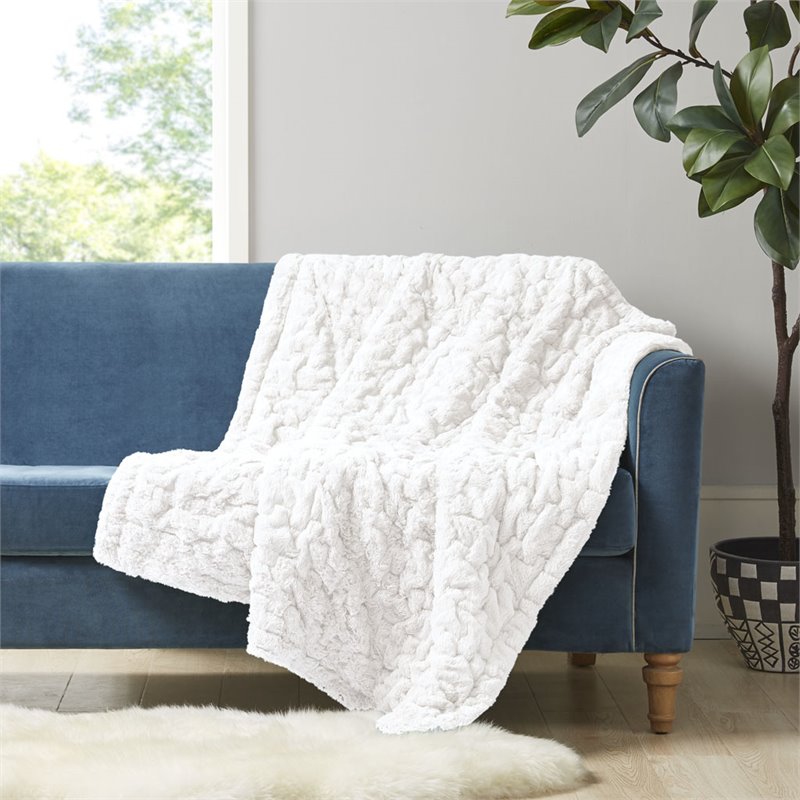 Madison Park Modern Solid Brushed Long Fur Knitted Throw in Ivory