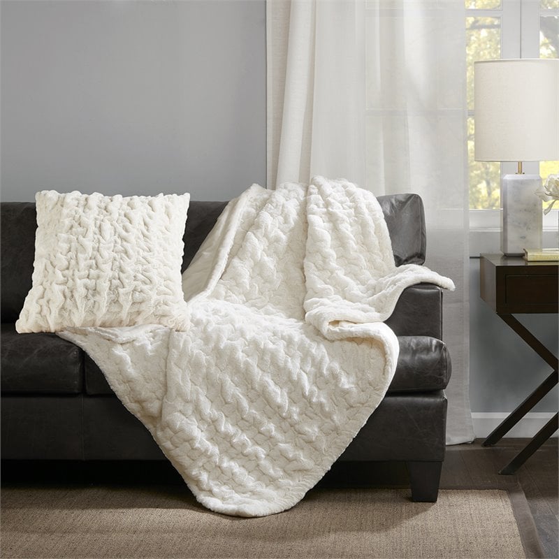 Madison Park Modern Solid Brushed Long Fur Knitted Throw in Ivory