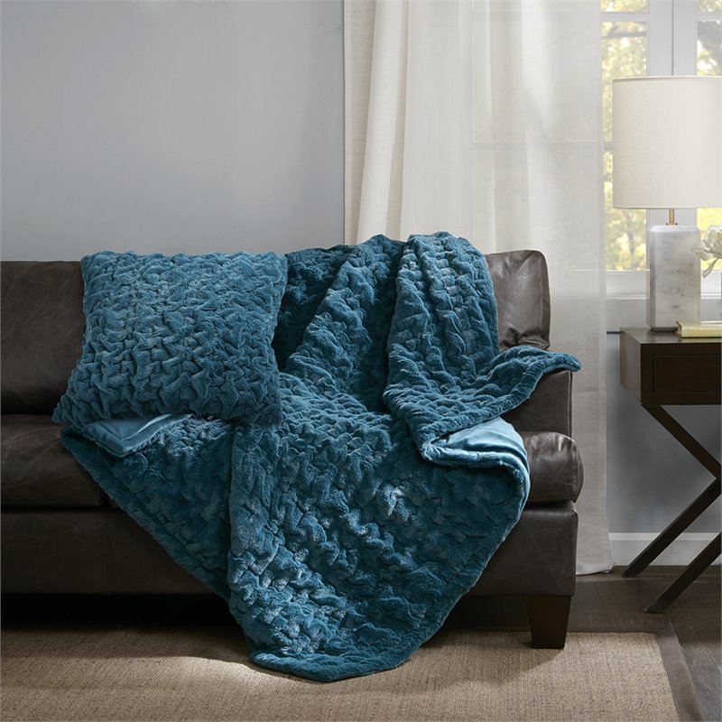 Madison Park Modern Solid Brushed Long Fur Knitted Throw in Blue