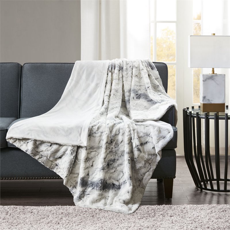 Madison Park Sachi Modern Printed Knitted Long Fur Throw in Gray