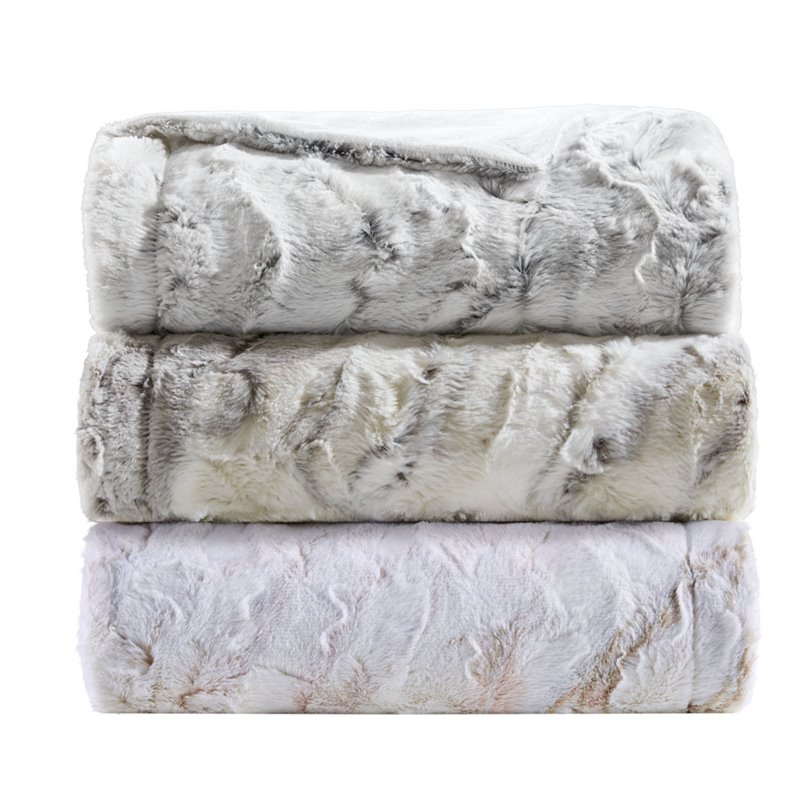 Madison Park Sachi Modern Printed Knitted Long Fur Throw in Gray