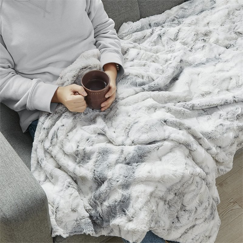 Madison Park Sachi Modern Printed Knitted Long Fur Throw in Gray