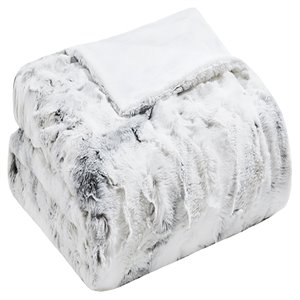 Madison Park Sachi Modern Printed Knitted Long Fur Throw in Gray