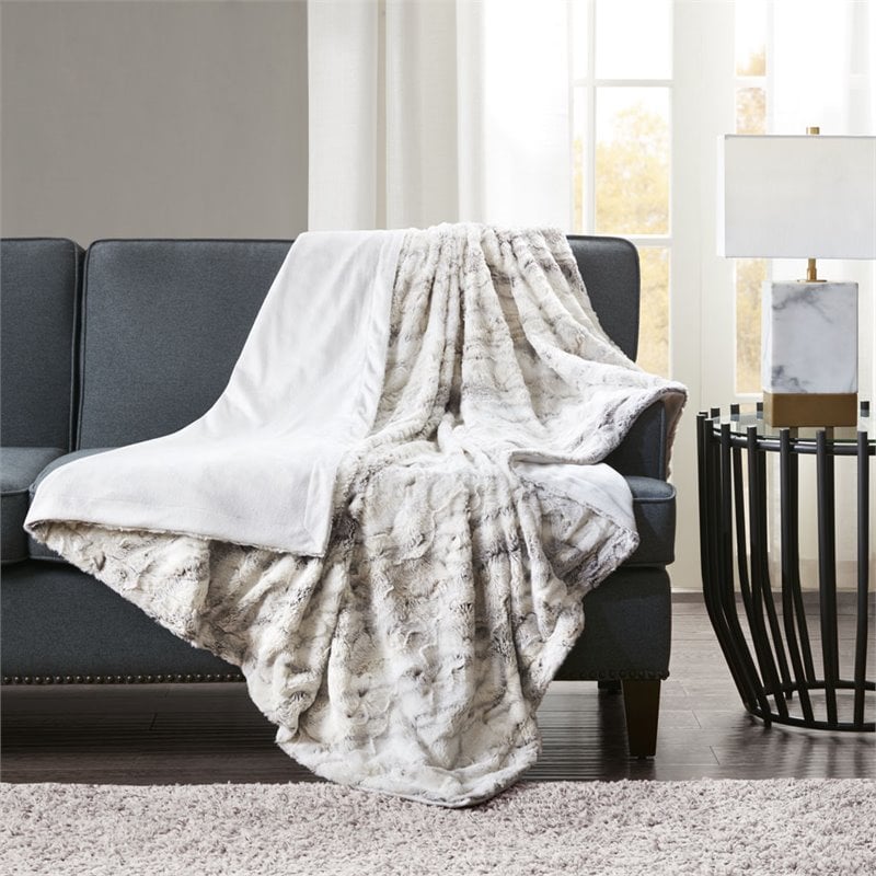 Madison Park Sachi Modern Printed Knitted Long Fur Throw in Natural