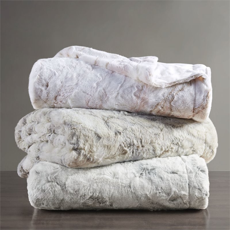 Madison Park Sachi Modern Printed Knitted Long Fur Throw in Natural