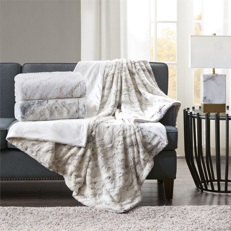 Madison Park Sachi Modern Printed Knitted Long Fur Throw in Natural