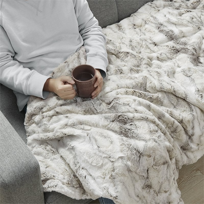 Madison Park Sachi Modern Printed Knitted Long Fur Throw in Natural
