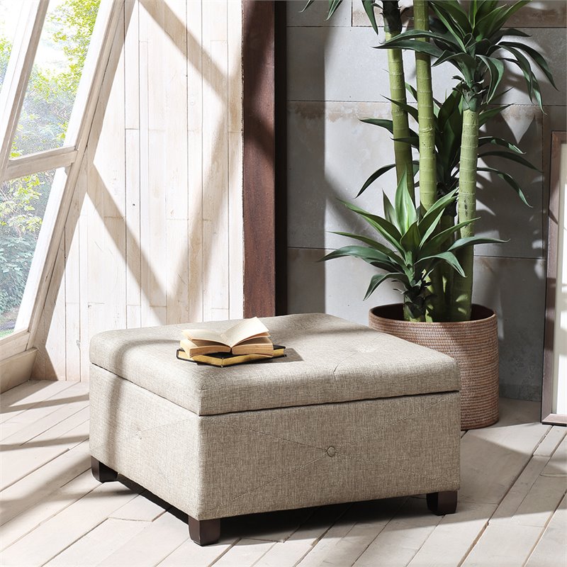 Madison Park Aspen Fabric & Solid Wood Button Tufted Storage Ottoman in Brown