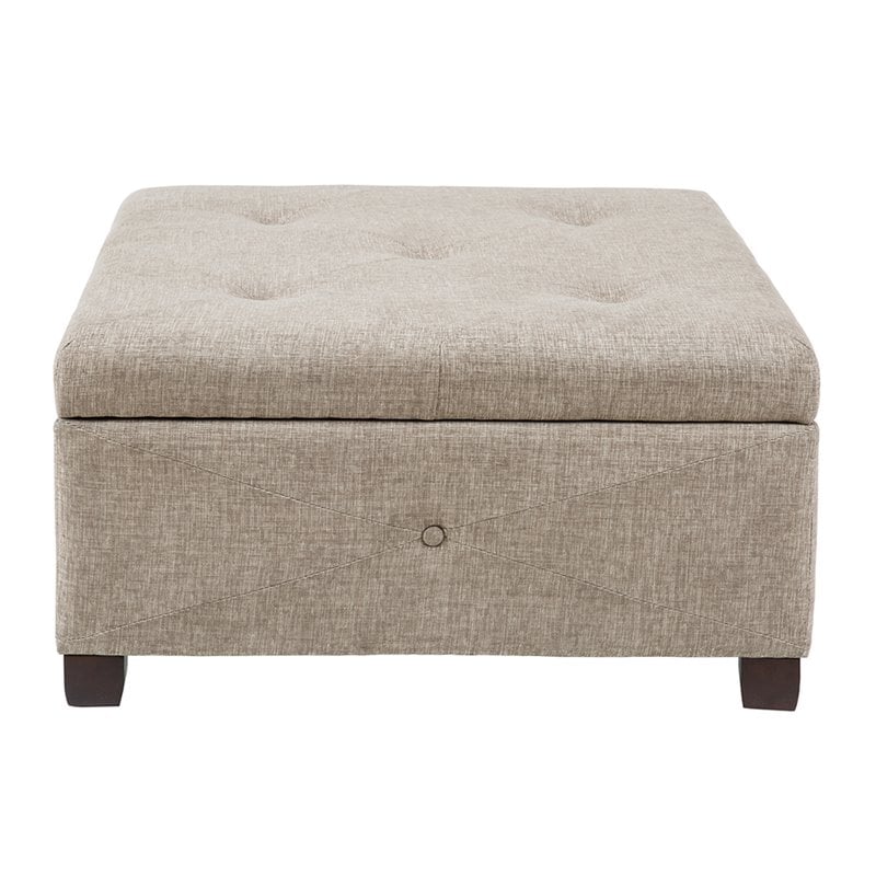 Madison Park Aspen Fabric & Solid Wood Button Tufted Storage Ottoman in Brown