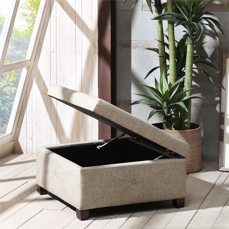 Madison Park Aspen Fabric & Solid Wood Button Tufted Storage Ottoman in Brown