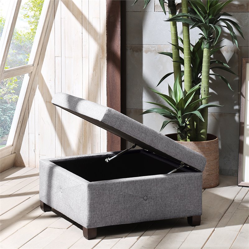 Madison Park Aspen Fabric & Solid Wood Button Tufted Storage Ottoman in Charcoal