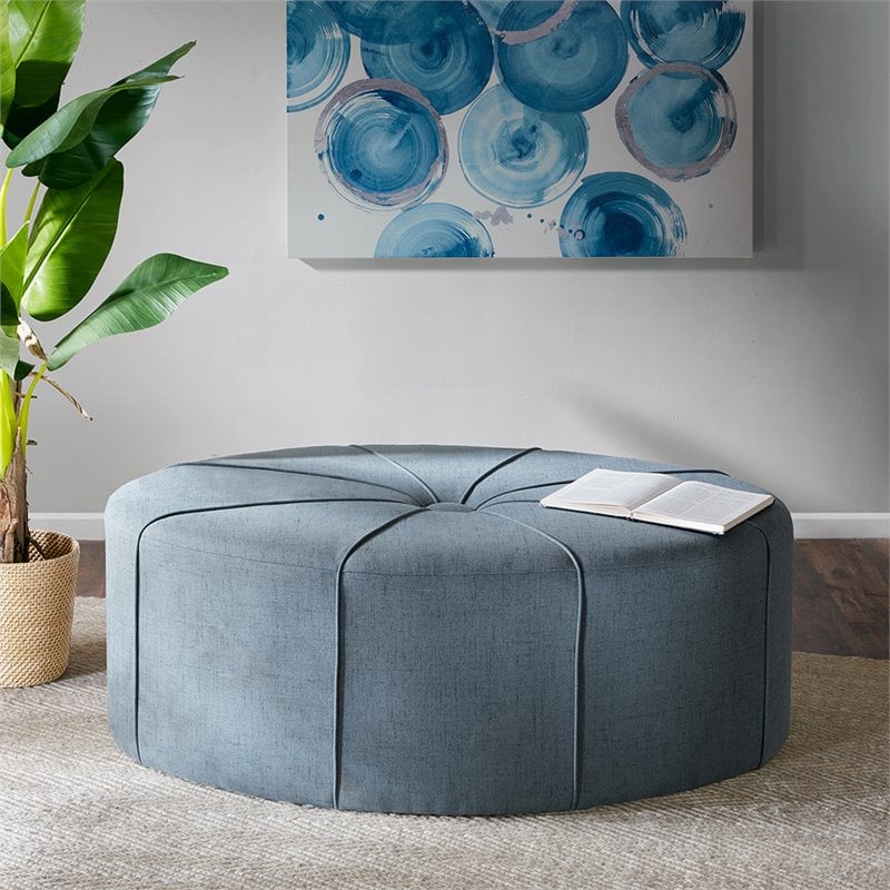 Madison Park Ferris Oval Fabric and Solid Wood Ottoman in Charcoal Gray