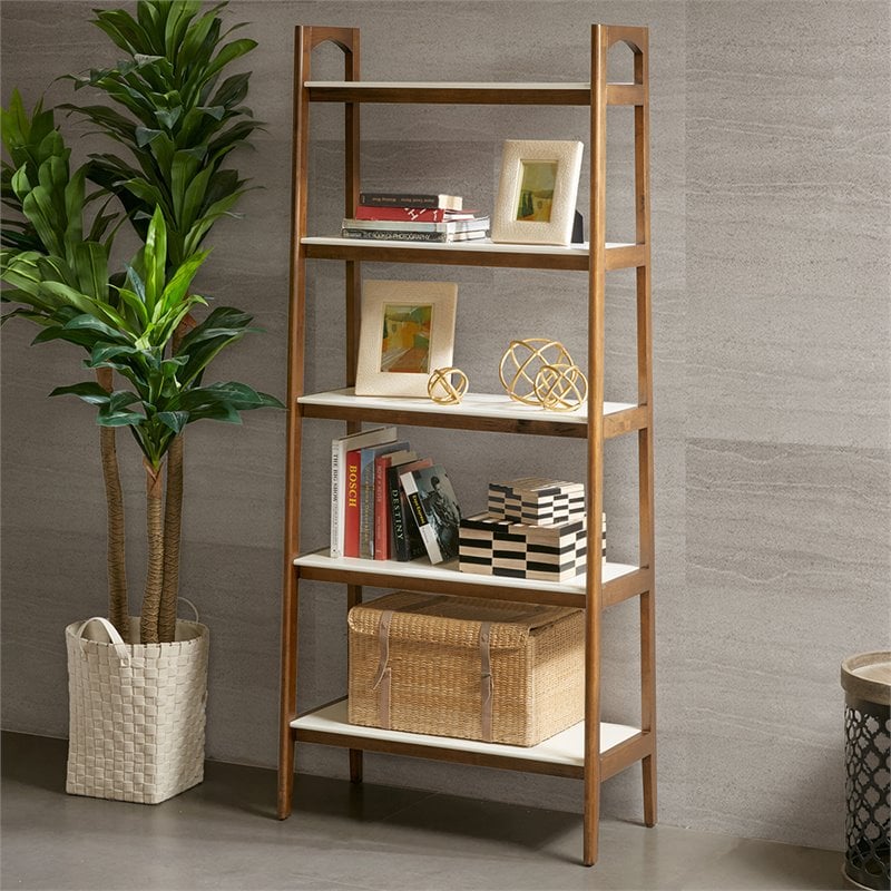 Madison Park Parker Mid-Century Rubber Wood Bookcase in Off White/Pecan