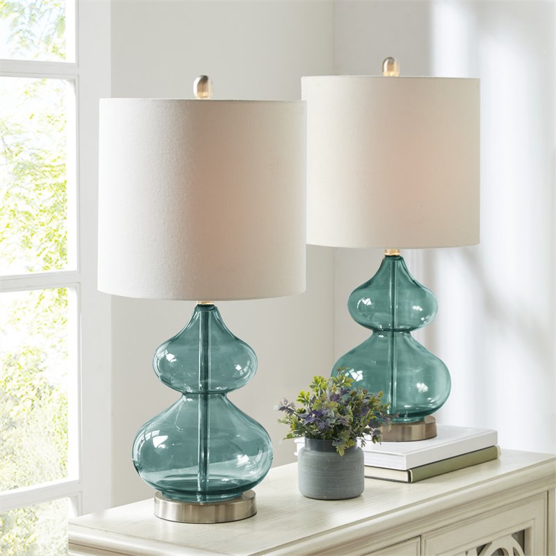 510 Design Ellipse Contemporary Glass and Fabric Table Lamps in Blue (Set of 2)