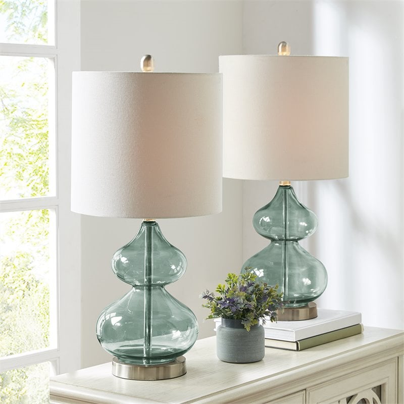 510 Design Ellipse Contemporary Glass and Fabric Table Lamps in Blue (Set of 2)