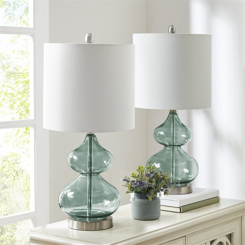510 Design Ellipse Contemporary Glass and Fabric Table Lamps in Blue (Set of 2)