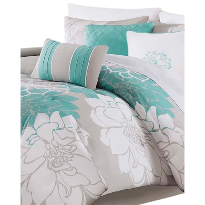 Madison Park Lola 7-Piece Cotton Sateen Printed Comforter Set in Aqua Blue