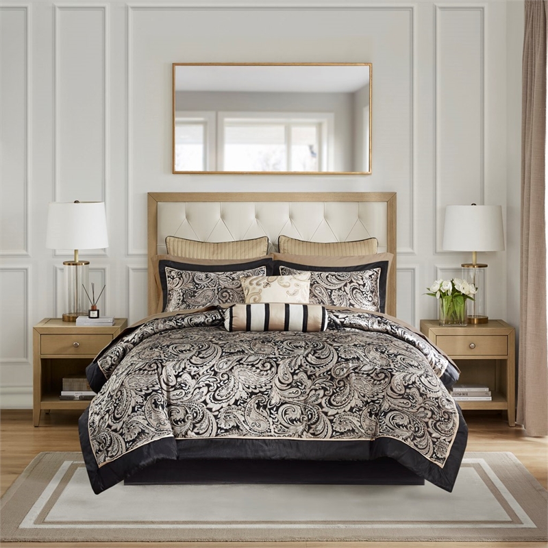 Madison Park Aubrey 12-Piece Polyester Jacquard Comforter Set w/ Piping - Black