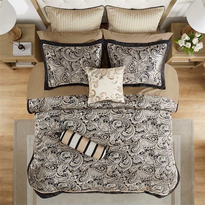 Madison Park Aubrey 12-Piece Polyester Jacquard Comforter Set w/ Piping - Black