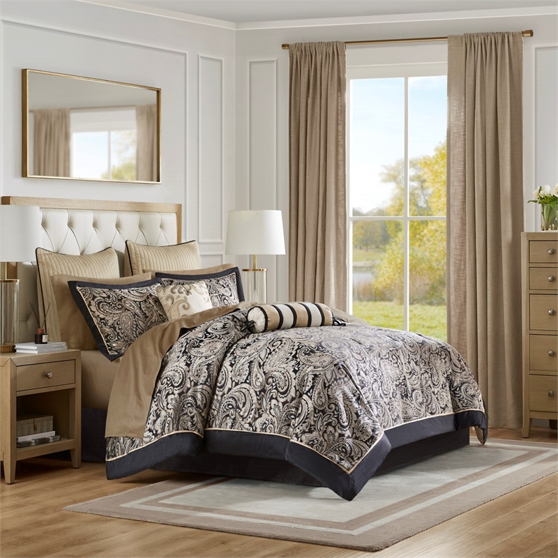 Madison Park Aubrey 12-Piece Polyester Jacquard Comforter Set w/ Piping - Black