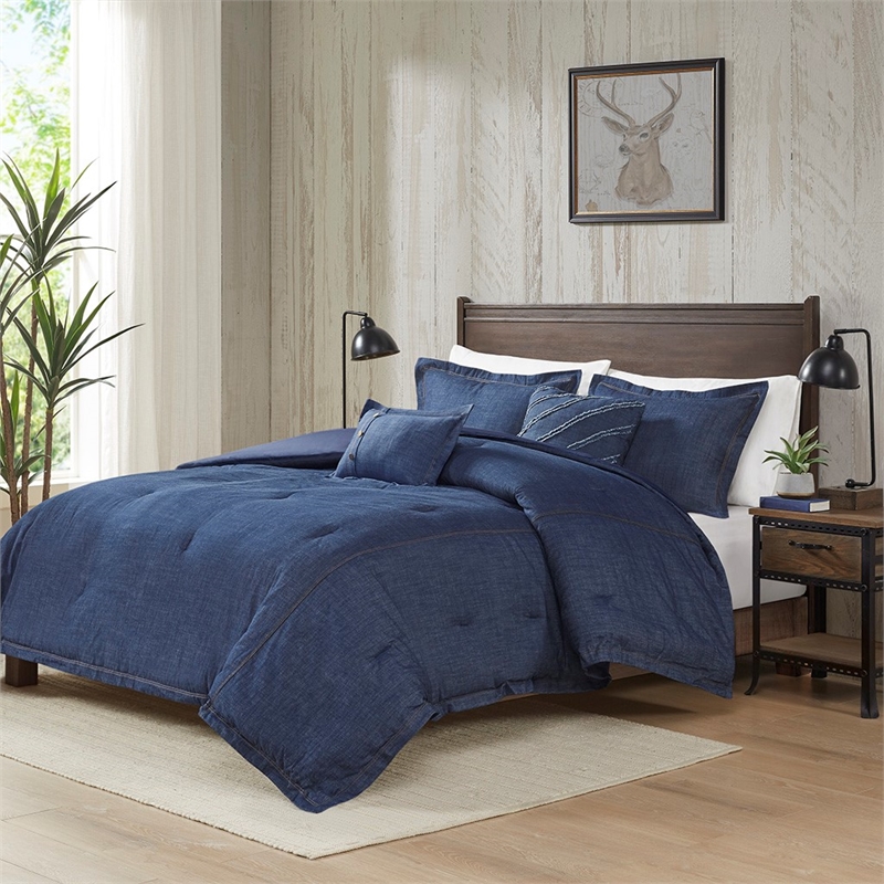 Woolrich 5-piece Contemporary Cotton Oversized Comforter Set in Denim Blue