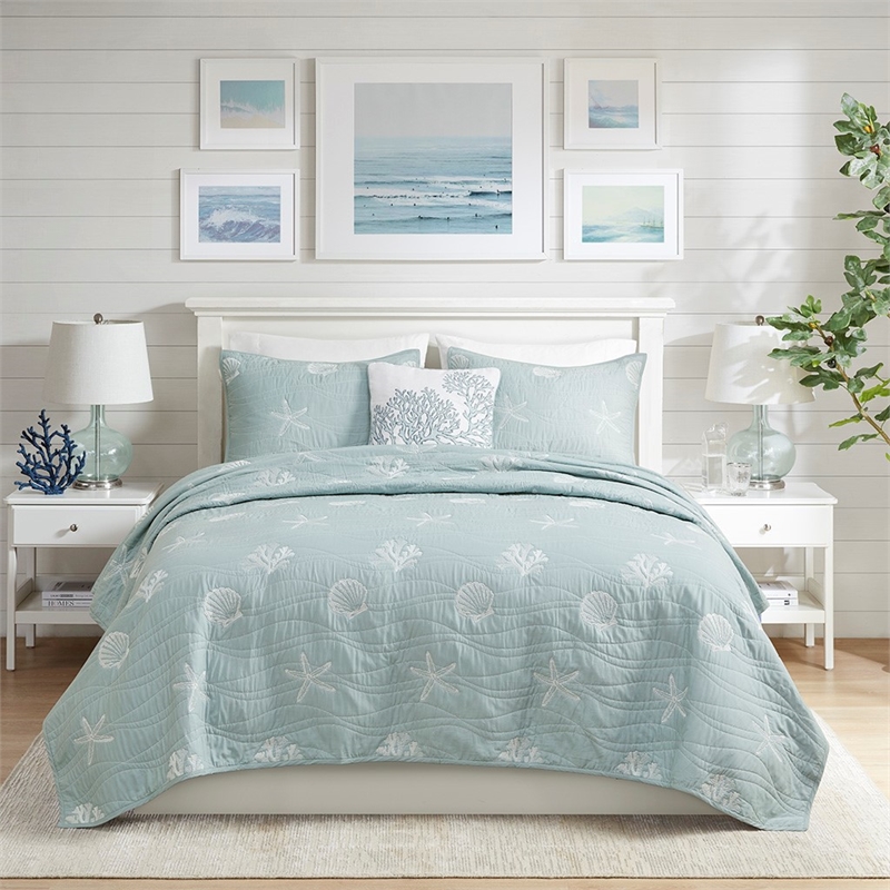Harbor House Seaside Cotton Percale Coverlet Set with Embroidery in Green