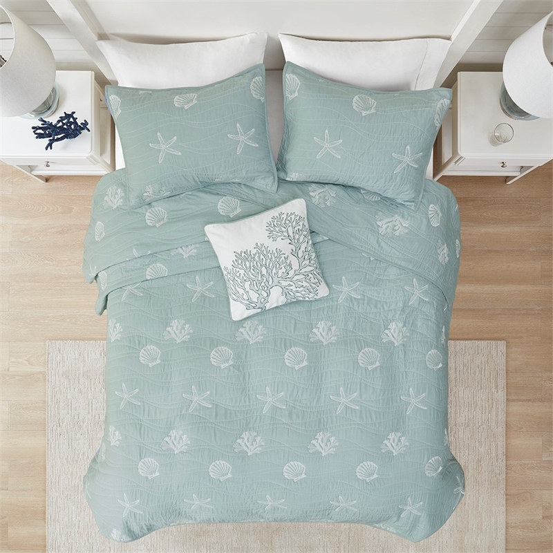 Harbor House Seaside Cotton Percale Coverlet Set with Embroidery in Green