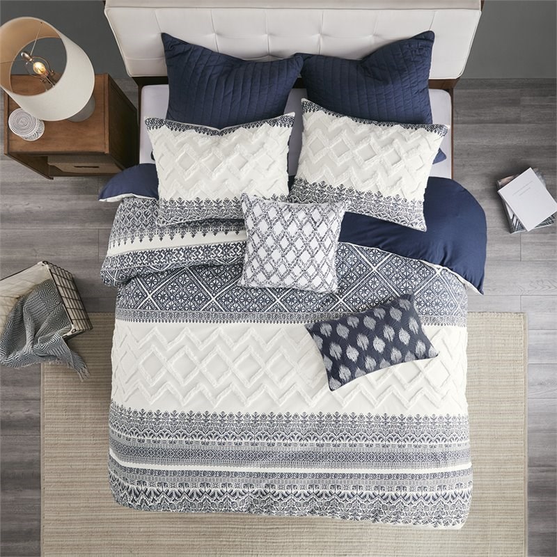 INK+IVY Mila 3-Piece Farmhouse Cotton Printed Comforter Set w/ Chenille in Navy