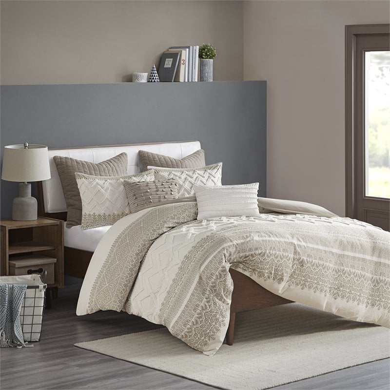 INK+IVY Mila 3-Piece Modern Cotton Printed Comforter Set with Chenille in Brown
