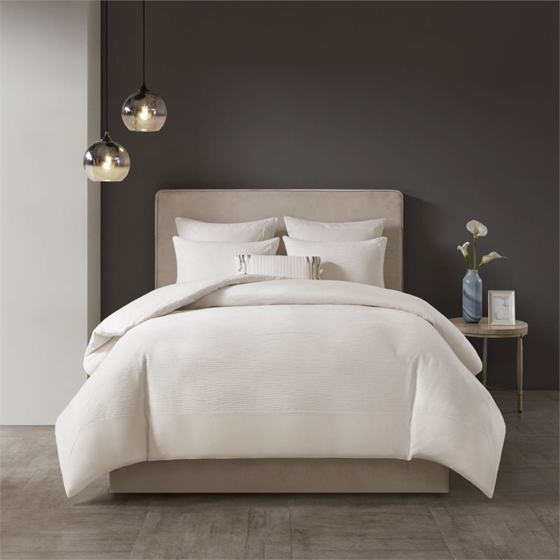 N Natori Hanae 3-Piece Polyester Yarn Dyed Pieced Comforter Set in Cream