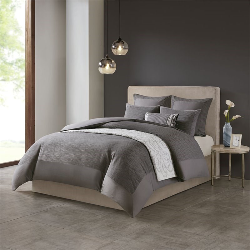 N Natori Hanae 3-Piece Polyester Yarn Dyed Pieced Comforter Set in Gray