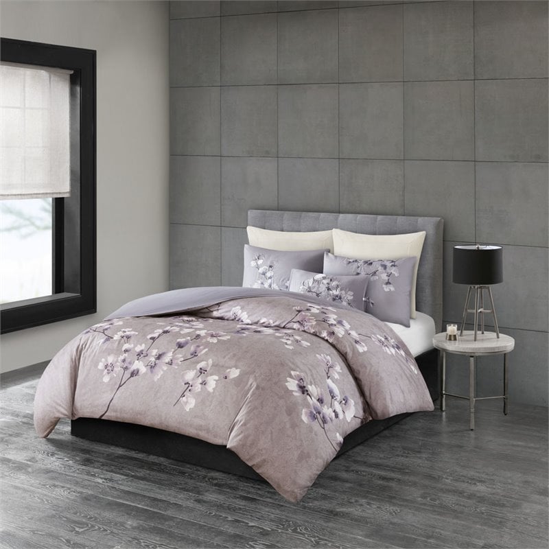 N Natori Sakura Blossom 3-Piece Cotton Full/Queen Duvet Cover Set in Purple